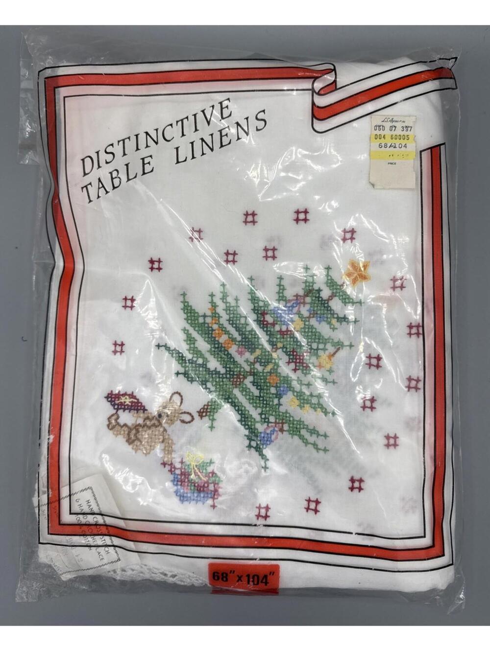 Vintage Christmas Tablecloth White Lace Tree Cross Stitch 68x104 Crochet Napkins
